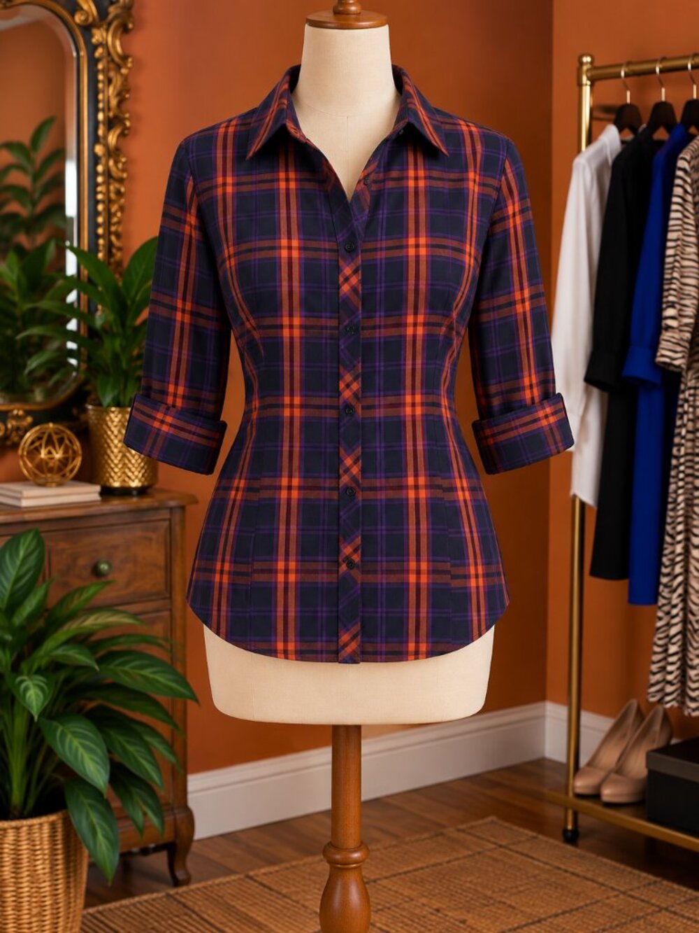 New York & Company Black Shirt with Orange & Purple Plaid